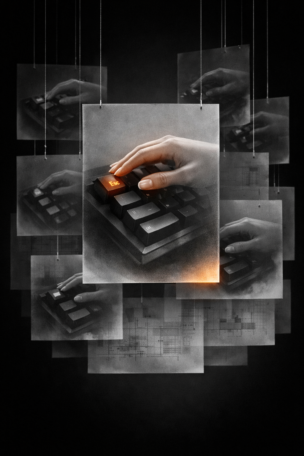 Photographic collage of hands above a keyboard, hovering over an illuminated Esc key