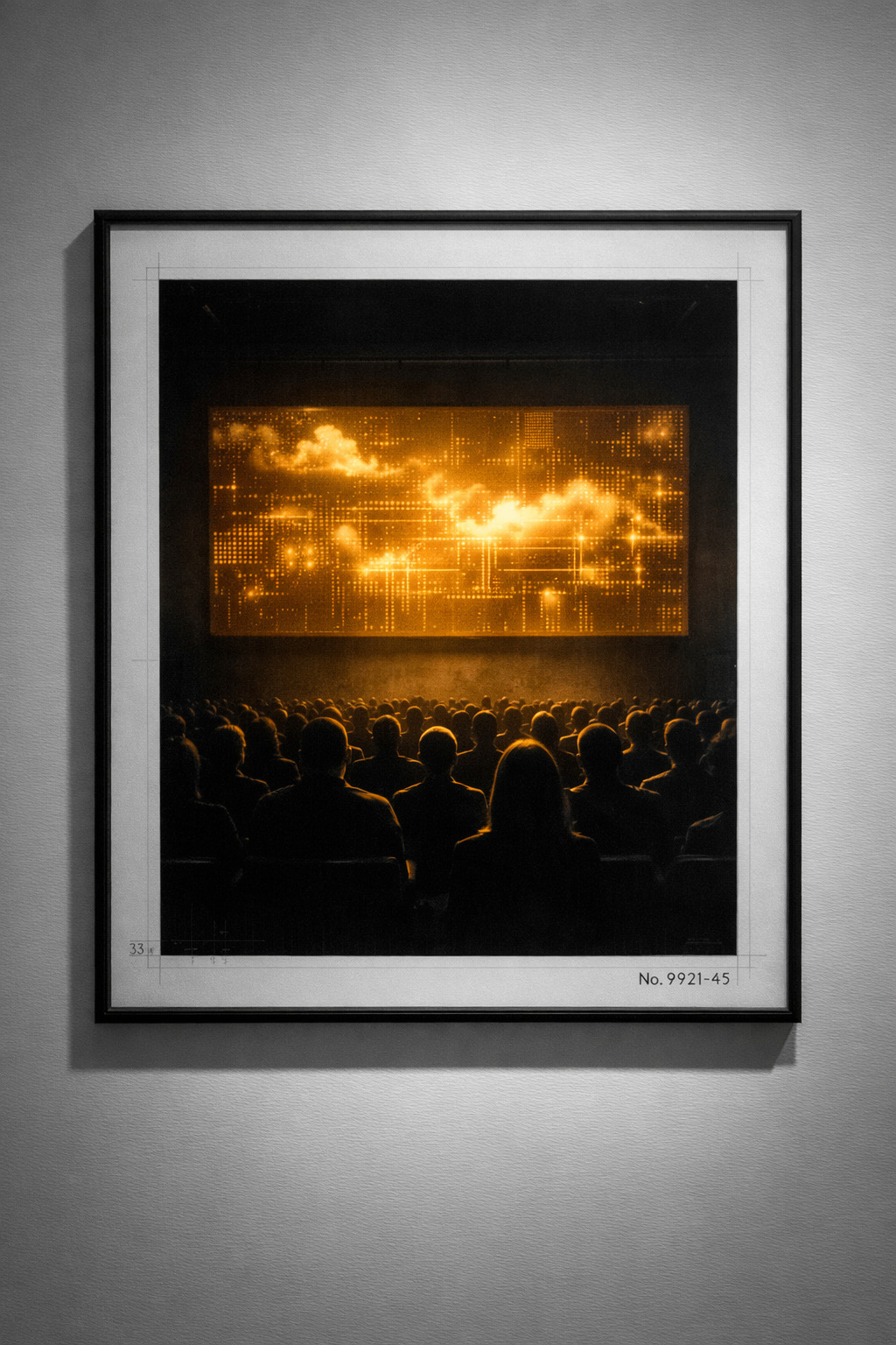 Audience silhouetted in an auditorium beneath a luminous amber cloud screen