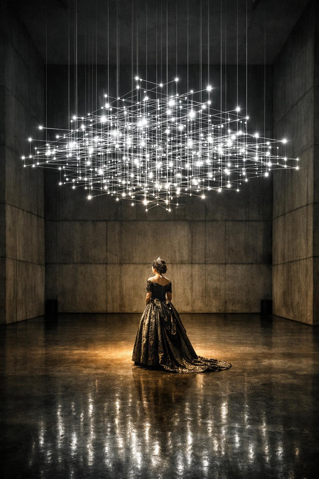 Beneath a suspended architecture of intelligence, a solitary leader stands in the warm glow of human judgment.
