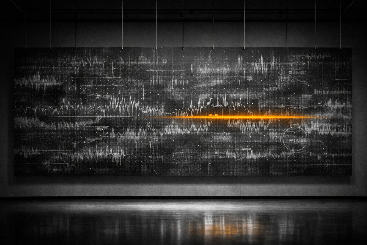 Wide-format installation of a glitched waveform crossed by a single amber line