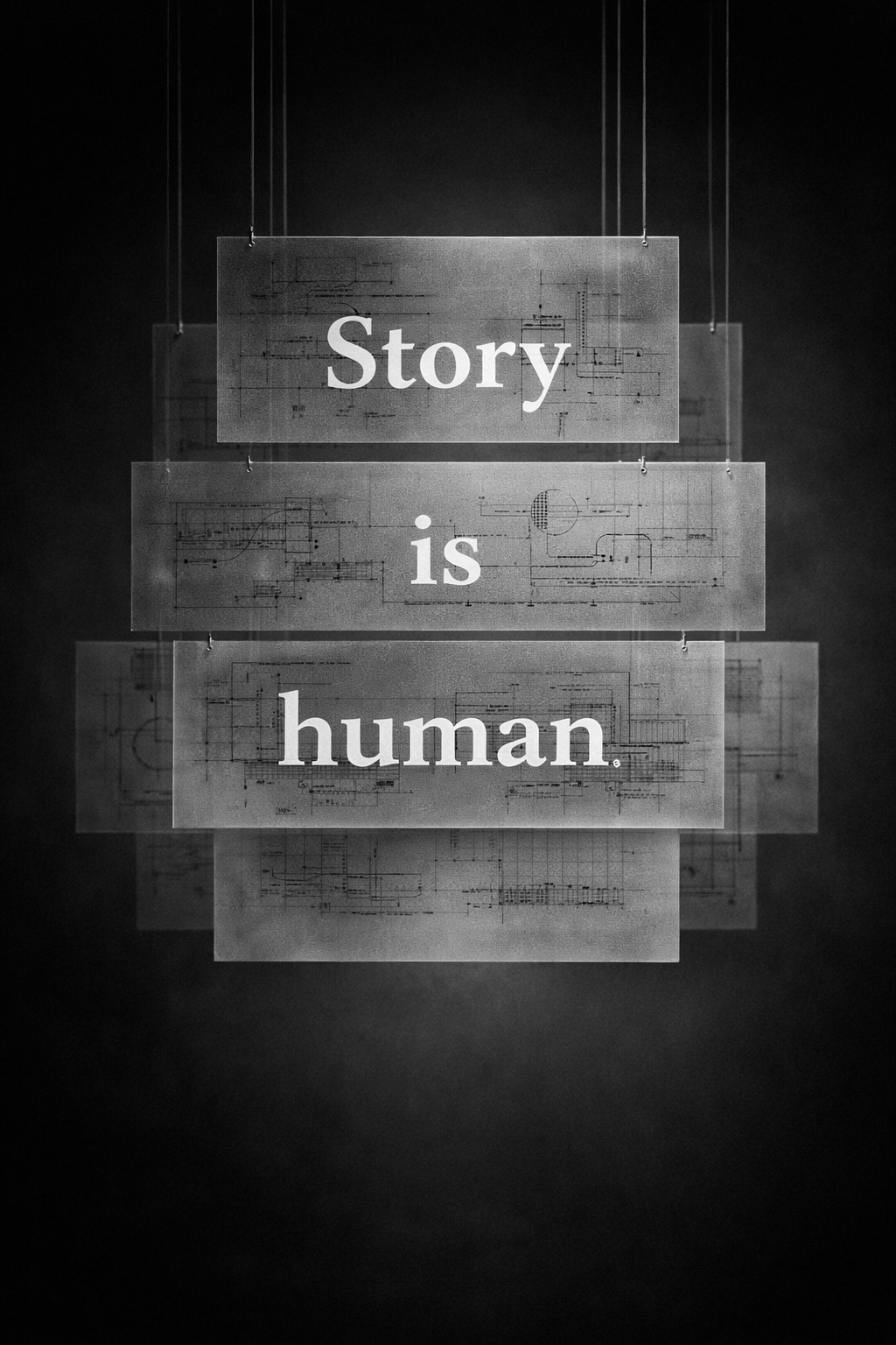 Three suspended panels reading Story · is · human over architectural blueprints