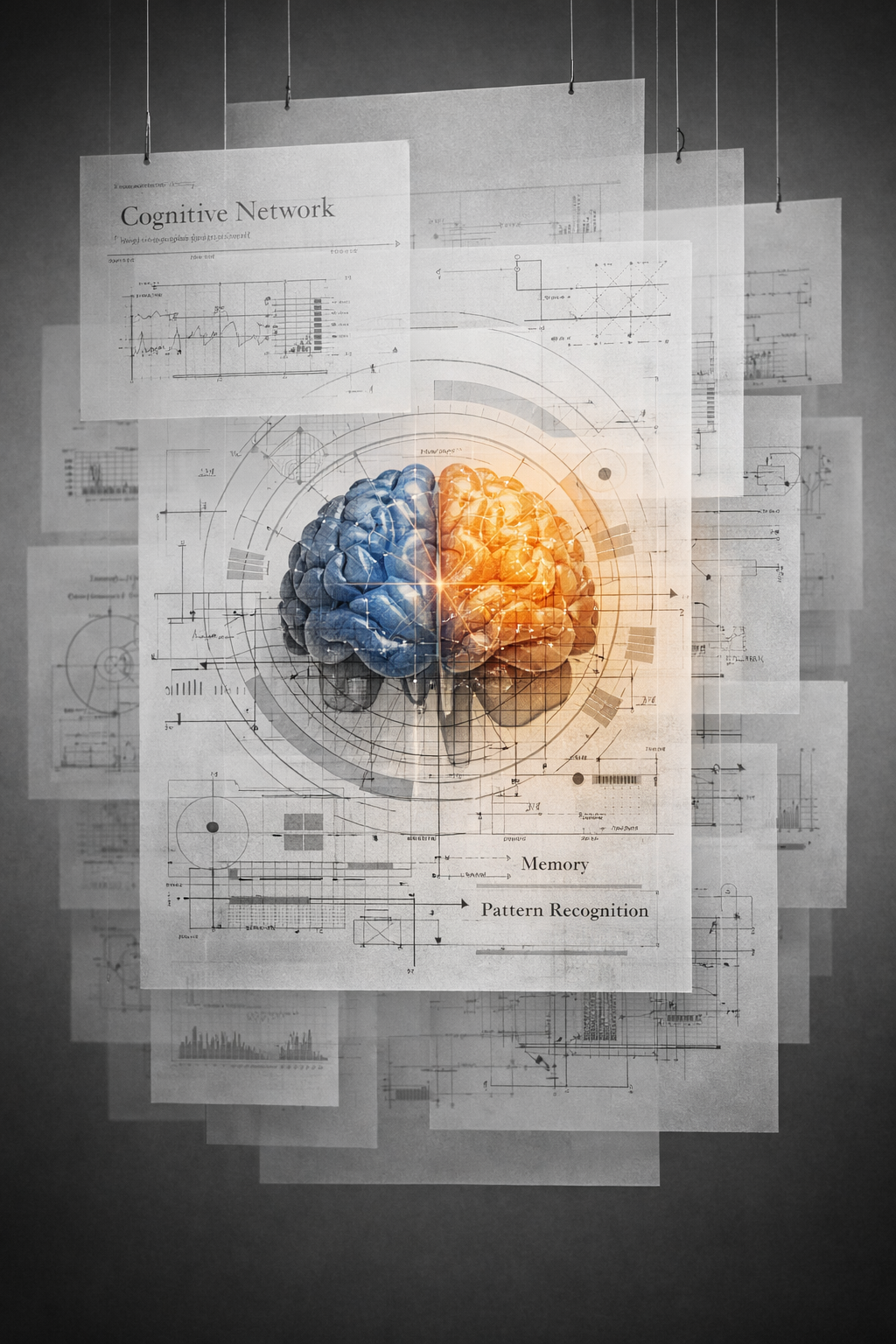 Overlapping archival schematics of a cognitive network and a divided brain