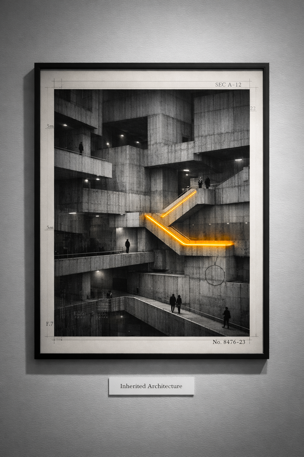 Brutalist concrete architecture with an illuminated amber stairway